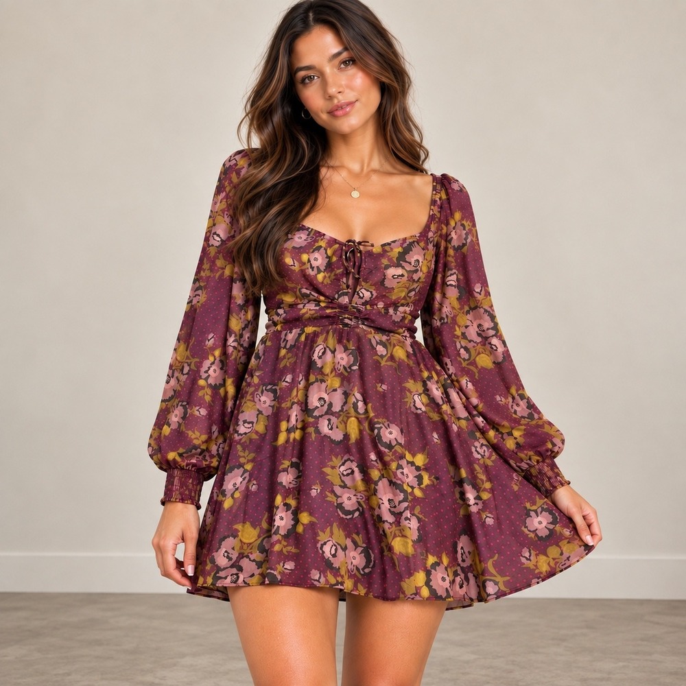 Free People Morning Light Mini Dress Maroon Floral Polka Dot Size 8 Boho Dress